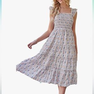 Boho Summer Flutter Cap Sleeve Tiered Midi Dress, Smocked Waist Size Medium